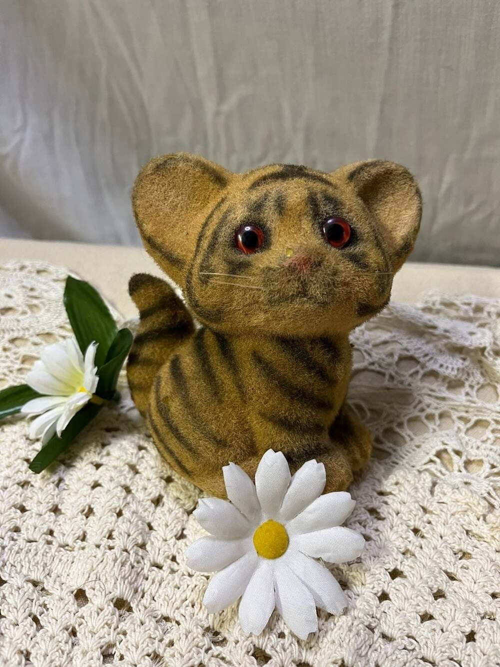 Vintage HCF Flocked Plastic Tiger Striped Cat Coin Bank